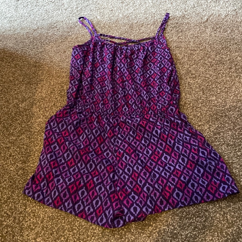 Pink and purple geometric romper with pockets!